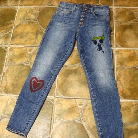 7 for all man Kind Custom Powerpuff Girls OOAK Art Work Jean High Rise Skinny 27 - Picture 15 of 15